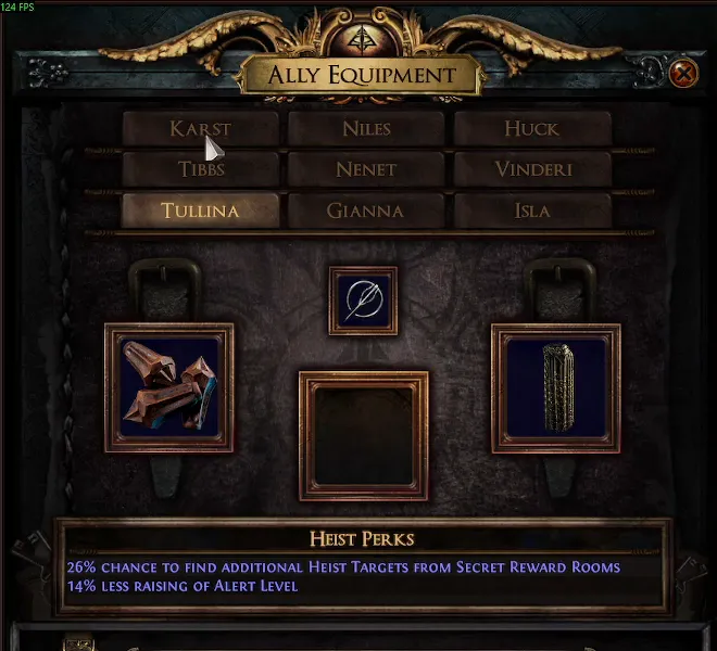 Das Ally-Equipment-Panel in Path of Exile zeigt die neun anheuerbaren Heist-Rogues Karst, Niles, Huck, Tibbs, Nenet, Vinderi, Tullina, Gianna und Isla, darunter die Heist Perks der ausgewählten Tullina.