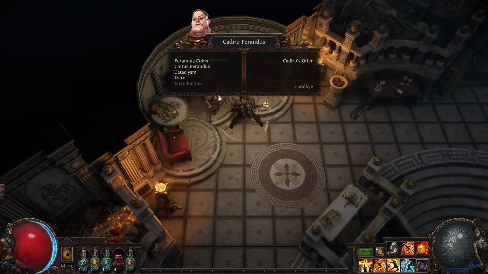 Atlas-Anomalie Manor Foyer in Path of Exile 3.29 mit dem NPC Cadiro Perandus, der Items gegen Gold anbietet.