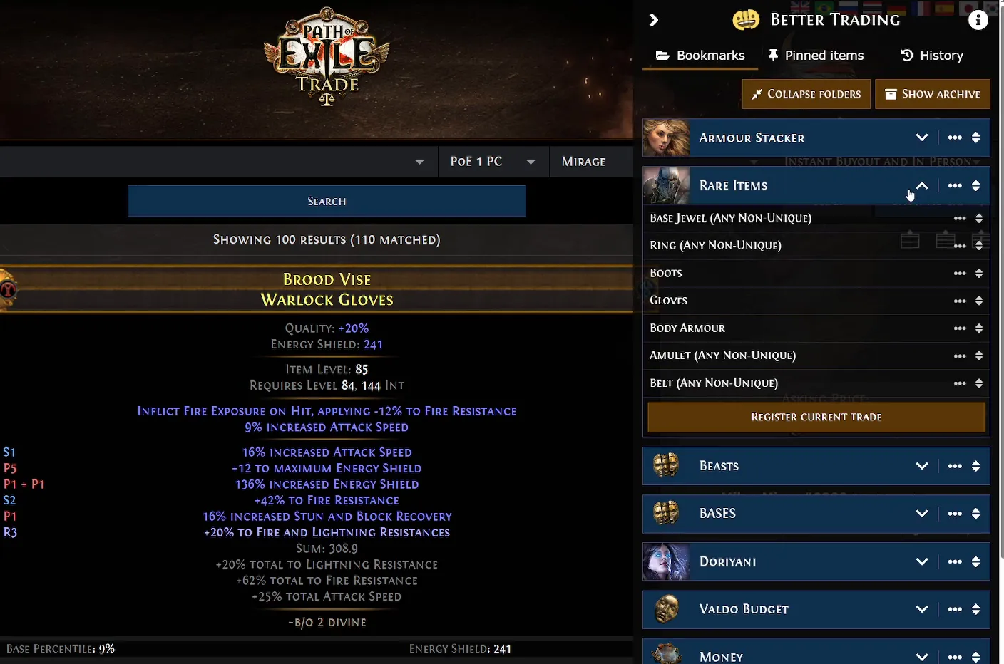 Die Trade Site mit dem Better-Trading-Panel: Bookmark-Ordner wie Armour Stacker und Rare Items, der Button Register current trade, links ein Suchtreffer mit farbig markierten Mods.