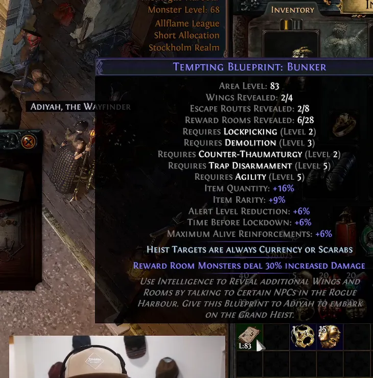 Blueprint-Tooltip in Path of Exile mit der Enchantment-Zeile „Heist Targets are always Currency or Scarabs", darüber Wings Revealed 2 von 4, Item Quantity plus 16 Prozent und die Job-Anforderungen.