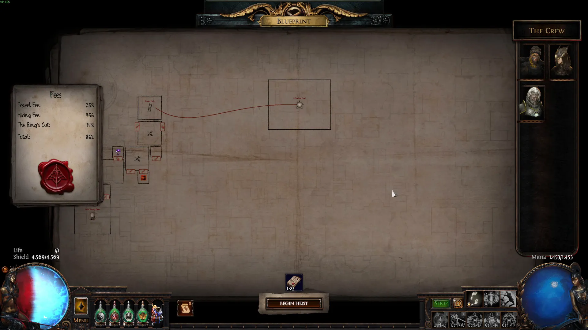 Blueprint-Planungsansicht eines Grand Heist in Path of Exile mit Wings-Karte, ausgewählter Crew und einer Übersicht der anfallenden Fees.
