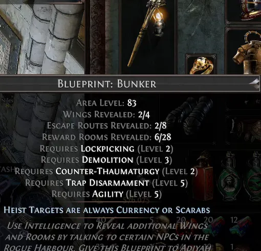 Weißes Blueprint auf Area Level 83 in Path of Exile, ohne Modifier, aber weiterhin mit der Enchantment-Zeile „Heist Targets are always Currency or Scarabs".