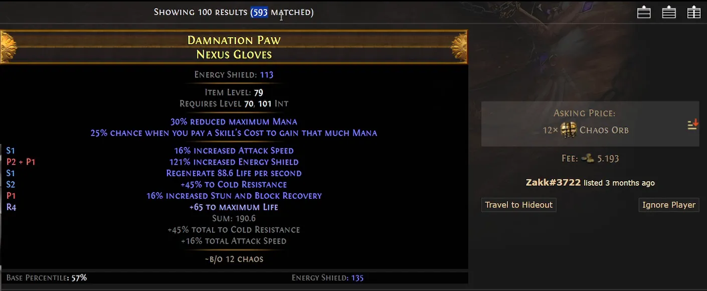 Trefferliste mit 593 passenden Items, oben Handschuhe mit hoher gewichteter Summe für 12 Chaos Orbs.