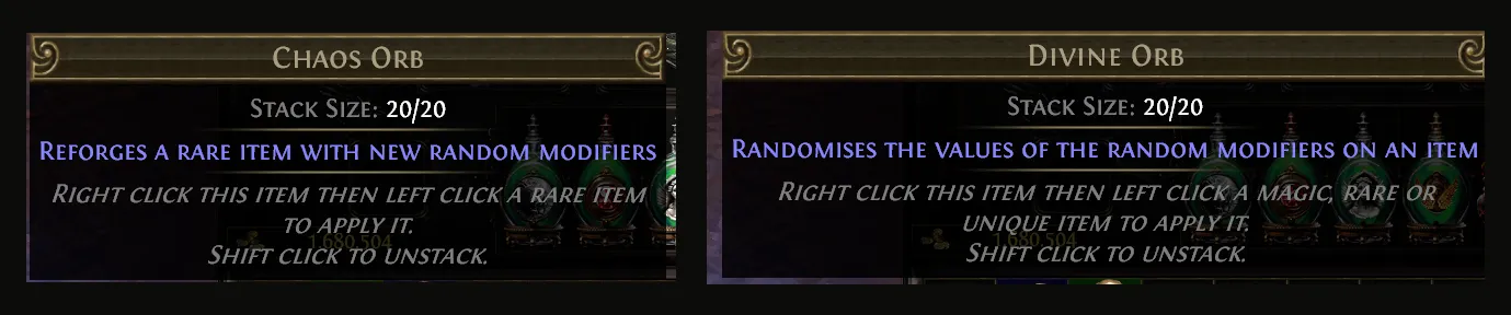 Tooltip Vergleich vom Chaos Orb und vom Divine Orb in PoE 1