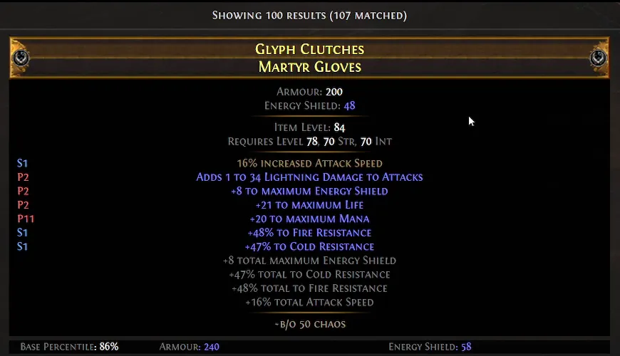 Trefferliste der PoE Trade Site mit 107 passenden Handschuhen, oben ein Item mit Attack Speed, Resistenzen und 50 Chaos Buyout.