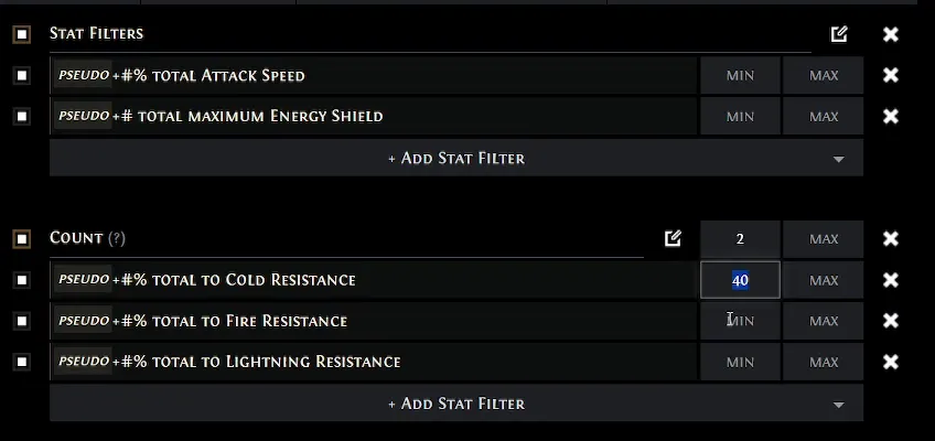 PoE Trade Suche mit einer And-Gruppe für Attack Speed und Energy Shield sowie einer Count-Gruppe mit drei Resistenzen und Minimum 2.