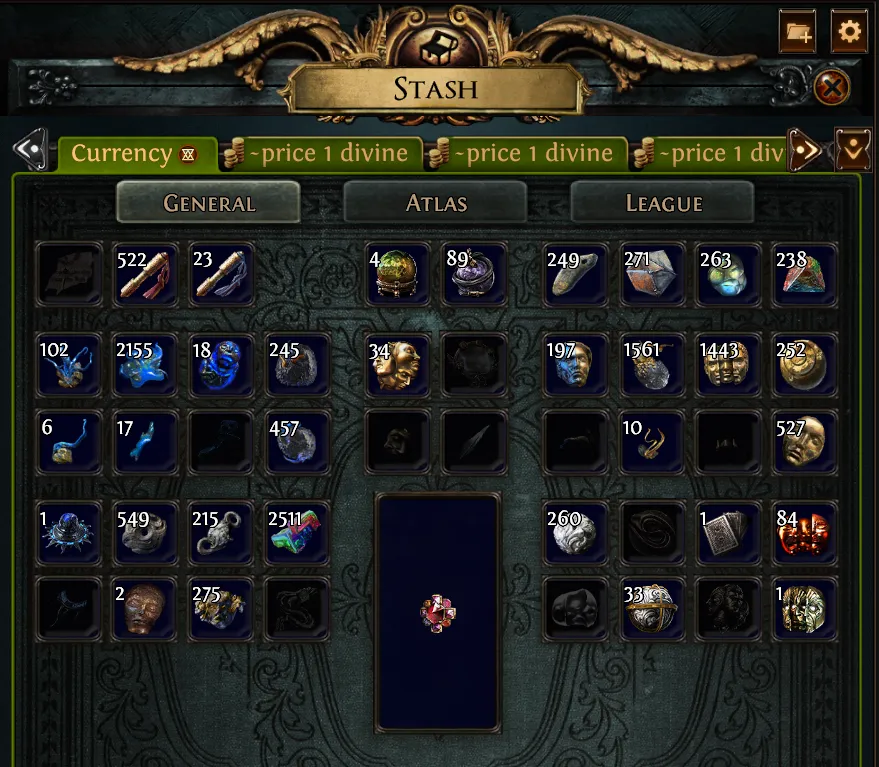 Premium-Currency-Stashtab aus PoE 1, sauber und sortiert.