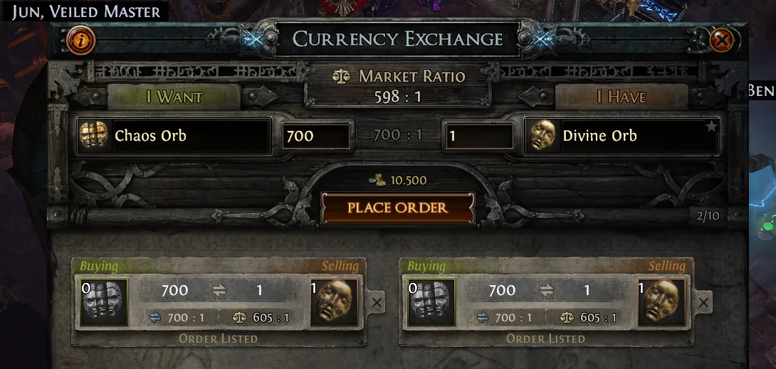 Currency Exchange wie Divines gegen Chaos getauscht werden