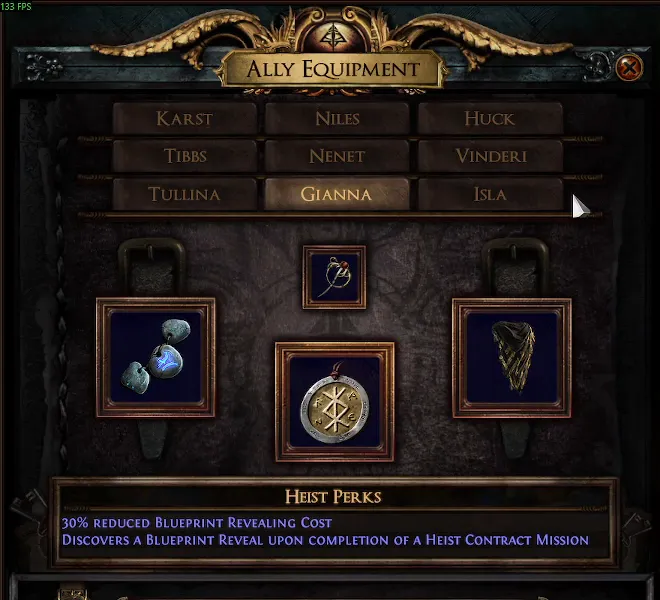 Giannas Eintrag im Ally-Equipment-Panel von Path of Exile mit dem Perk-Text 30% reduced Blueprint Revealing Cost und Deception auf Job-Level 5.