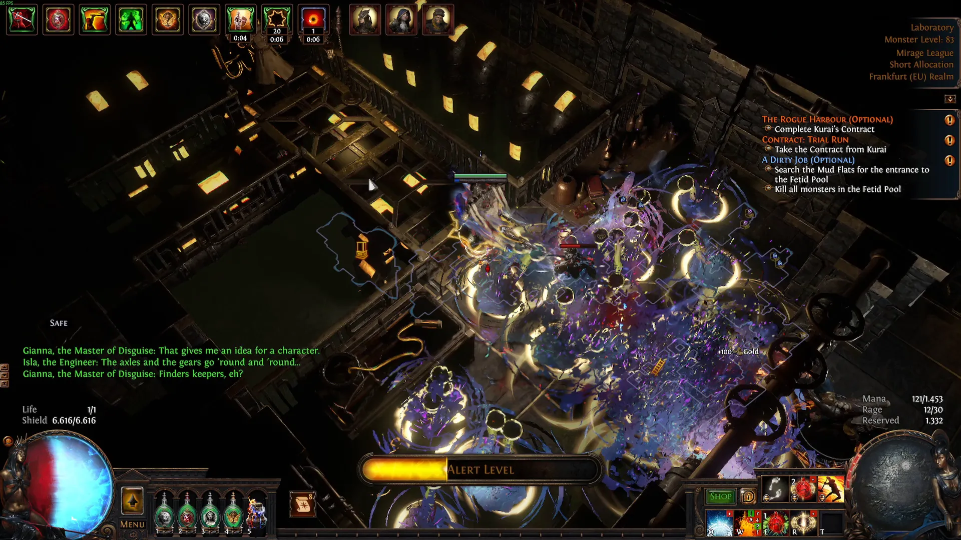 Grand Heist in Path of Exile mitten im Gefecht: der Charakter kämpft sich durch einen Raum voller Gegner, unten füllt sich die Alarm-Leiste.