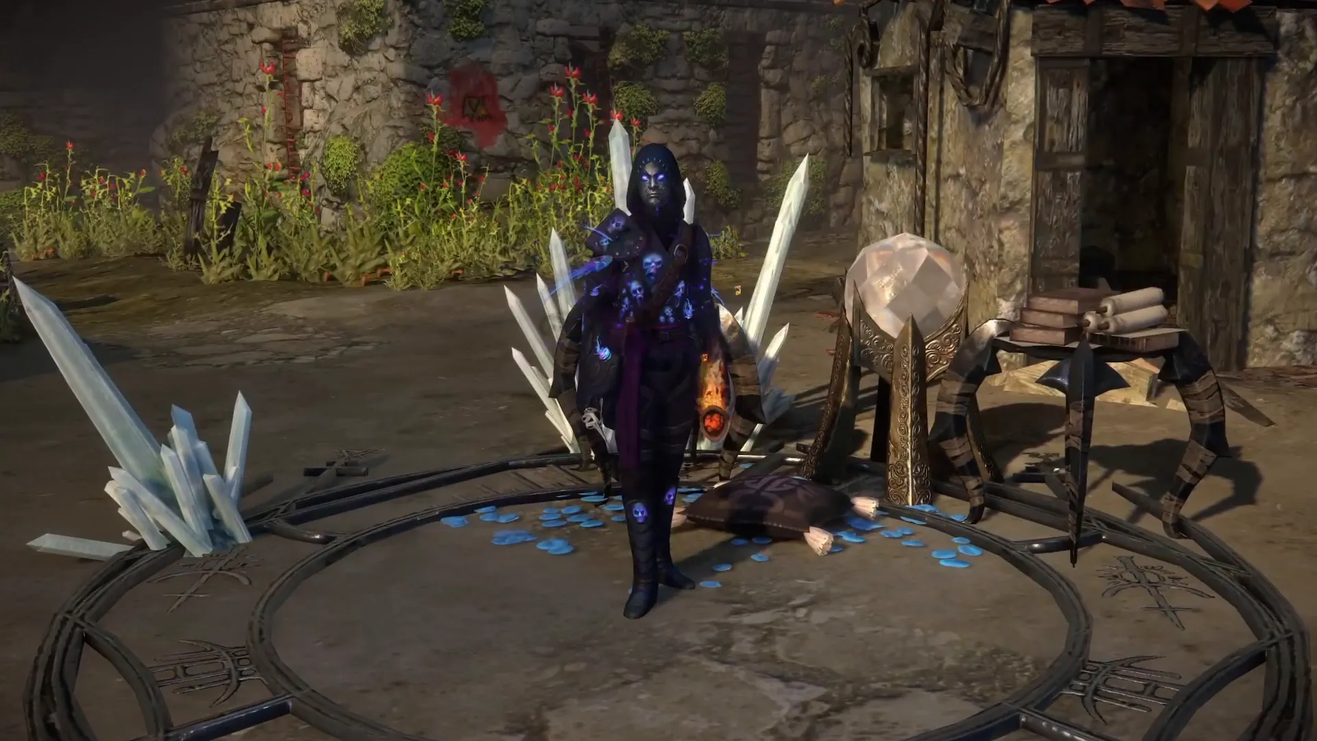 Ein Mercenary in Path of Exile 3.29 steht kampfbereit in einer Duell-Arena, umgeben von Eiskristallen.