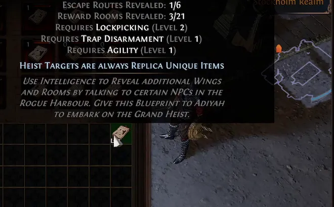 Blueprint-Tooltip in Path of Exile mit der Enchantment-Zeile „Heist Targets are always Replica Unique Items".