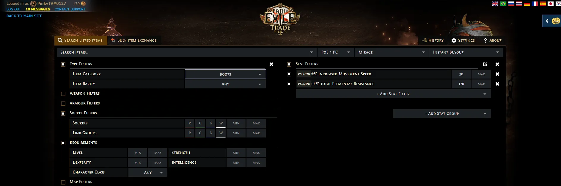 Screenshot der offiziellen PoE Trade Seite, wo einzelne Filterfunktionen ausgewählt wurden