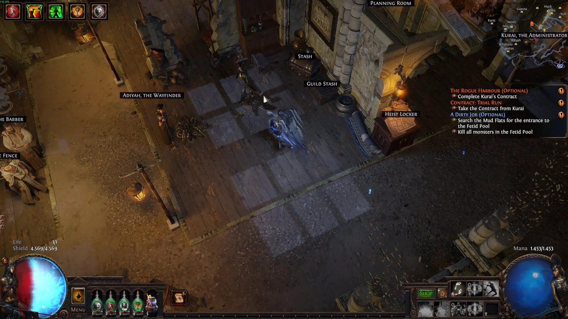 Der Rogue Harbour in Path of Exile mit beschrifteten Stationen wie Planning Room, Stash und Heist Locker sowie den NPCs Kurai und Faustus.