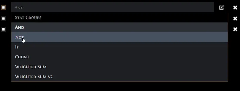 Das aufgeklappte Stat-Group-Dropdown auf der PoE Trade Site mit den Typen And, Not, If, Count und Weighted Sum.