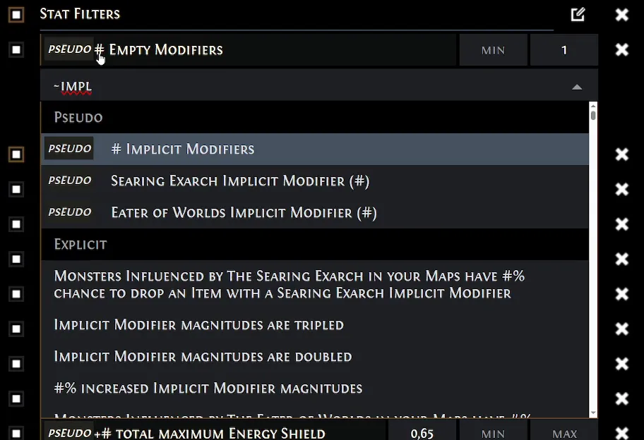 Das Mod-Suchfeld der Trade Site mit der Eingabe ~impl, darunter die gefilterte Liste aller Implicit-Modifier.