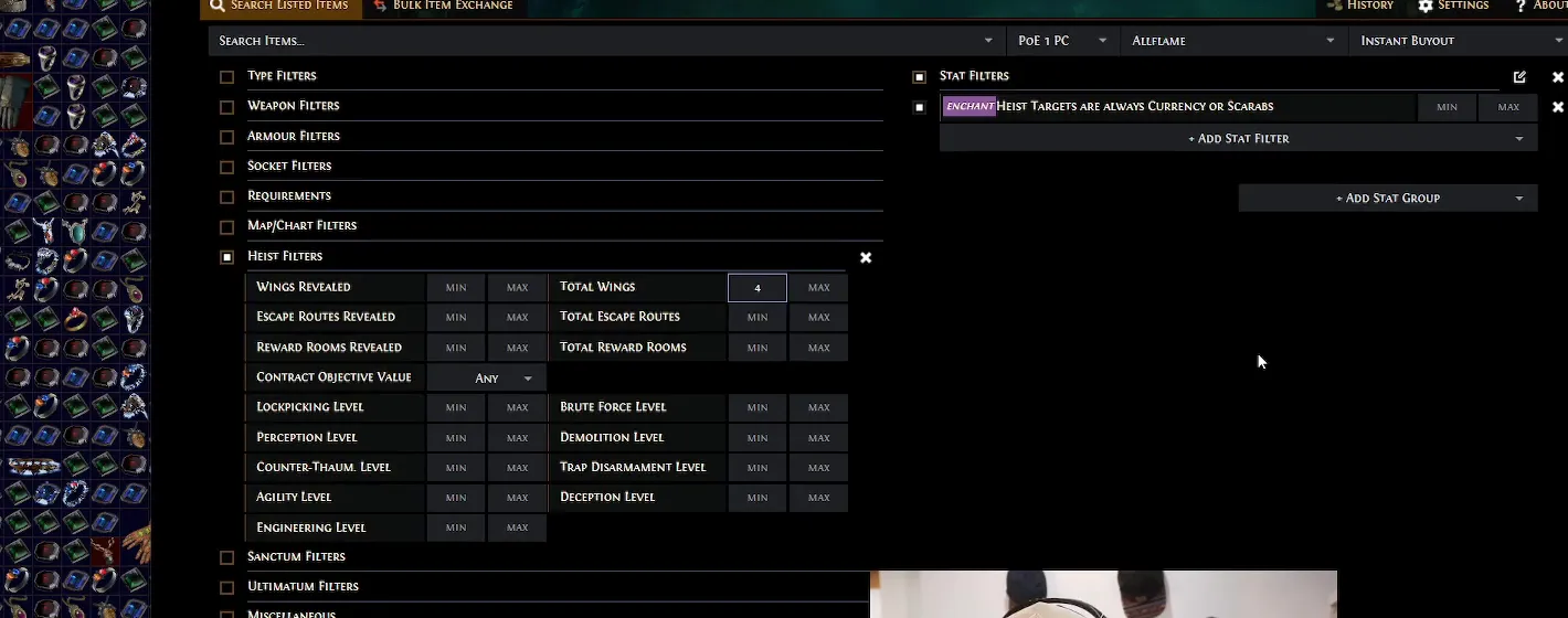 Die Path-of-Exile-Trade-Site mit geöffneten Heist Filters, Total Wings auf Minimum 4 und dem gesetzten Stat-Filter „Heist Targets are always Currency or Scarabs".